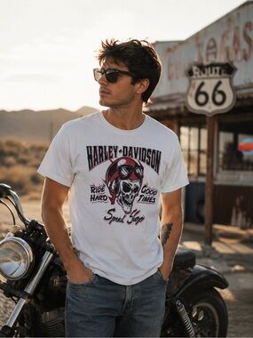 Harley-Davidson White Tee with Black and Red Skull Graphic